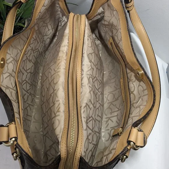 Calvin Klein Signature Tote Shoulder Bag Brown CK Monogram Print Brown Leather